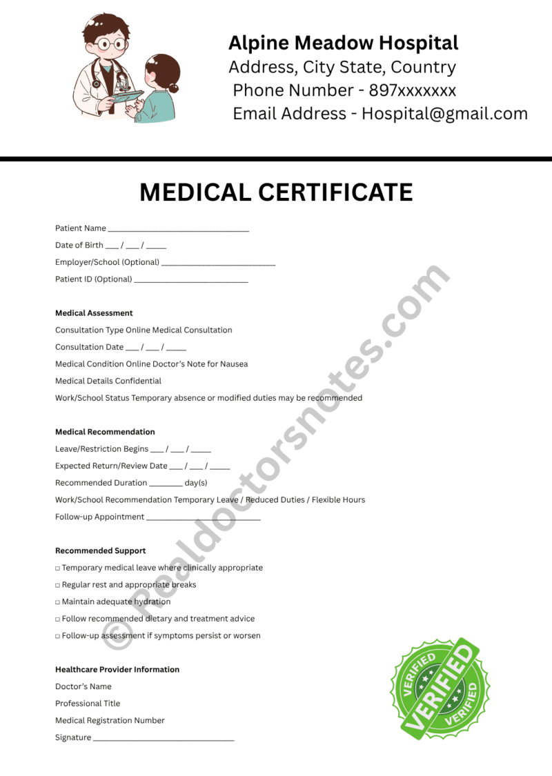 MEDICAL certificate for Nausea