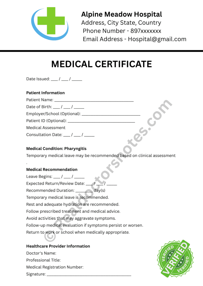 MEDICAL certificate for Pharyngitis