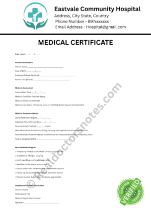 MEDICAL certificate for Shoulder Injury