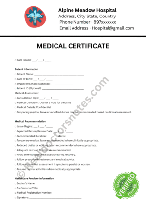 MEDICAL certificate for Sinusitis