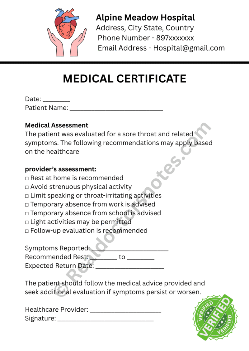 MEDICAL certificate for Sore Throat MEDICAL certificate for Sore Throat