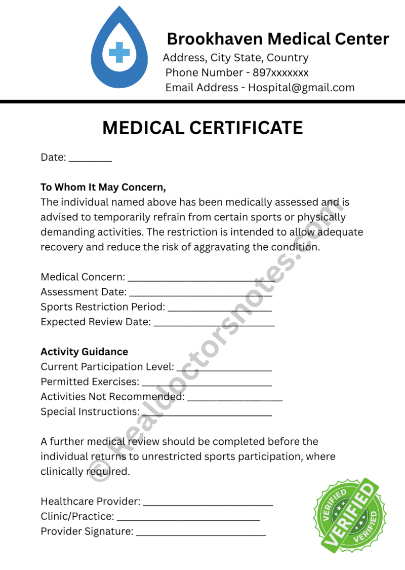 MEDICAL certificate for Sports Restriction