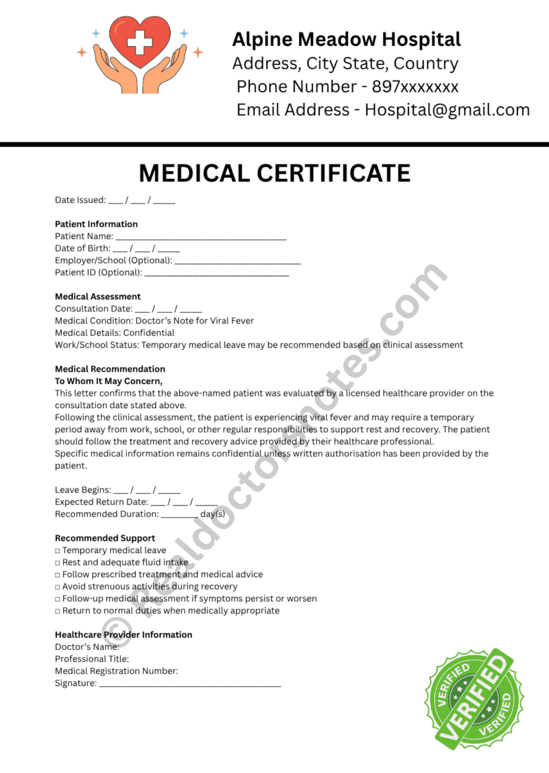 MEDICAL certificate for Viral Fever