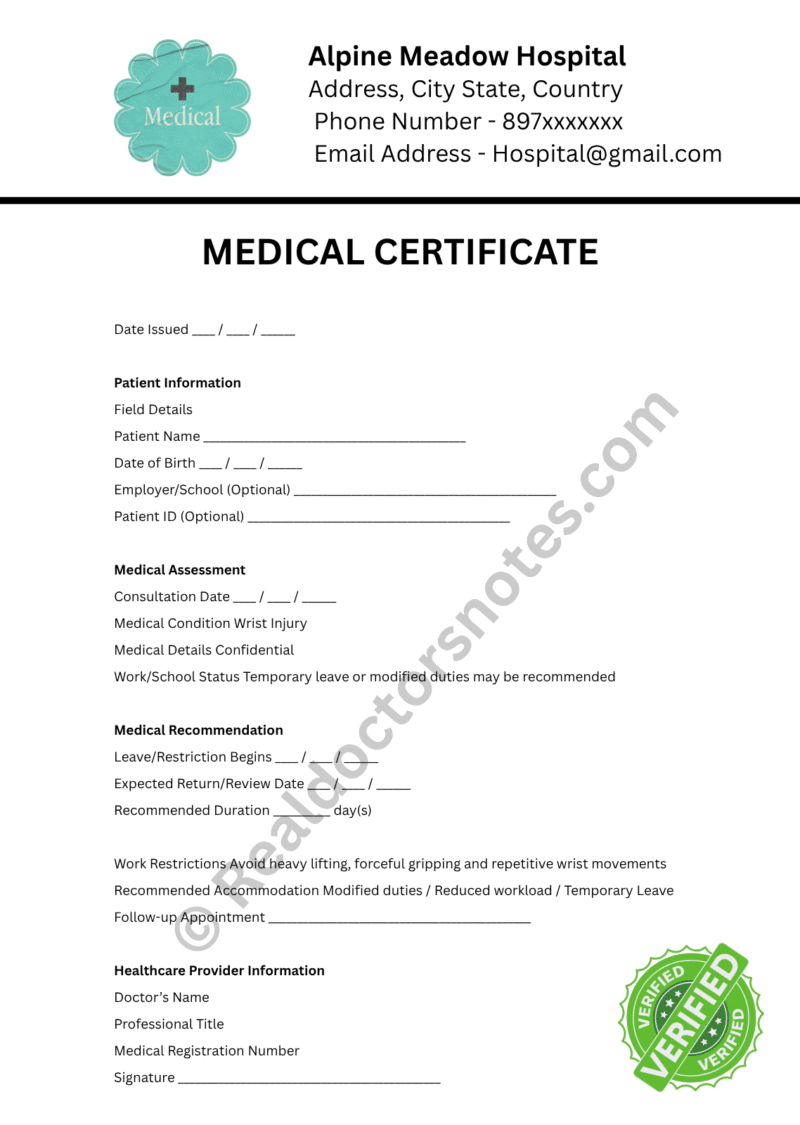 MEDICAL certificate for Wrist Injury