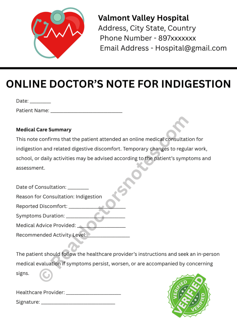 Online Doctor’s Note for Indigestion