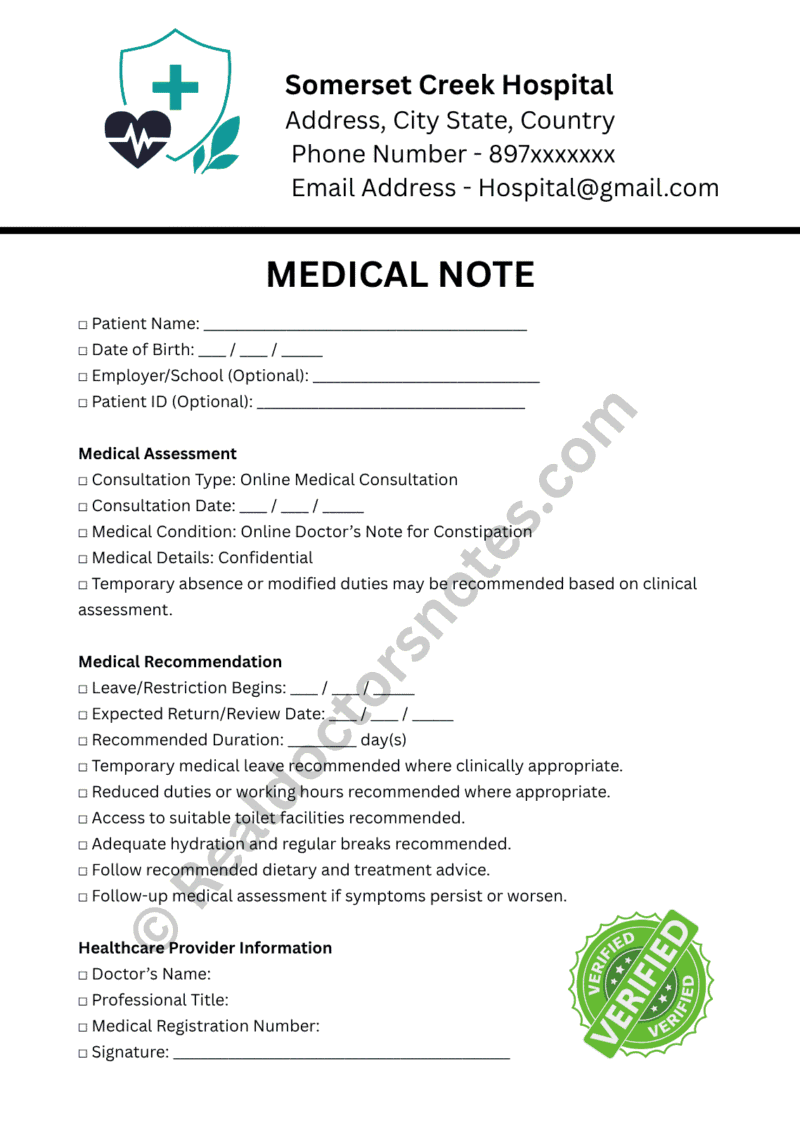 Online MEDICAL NOTE for Constipation Online MEDICAL NOTE for Constipation