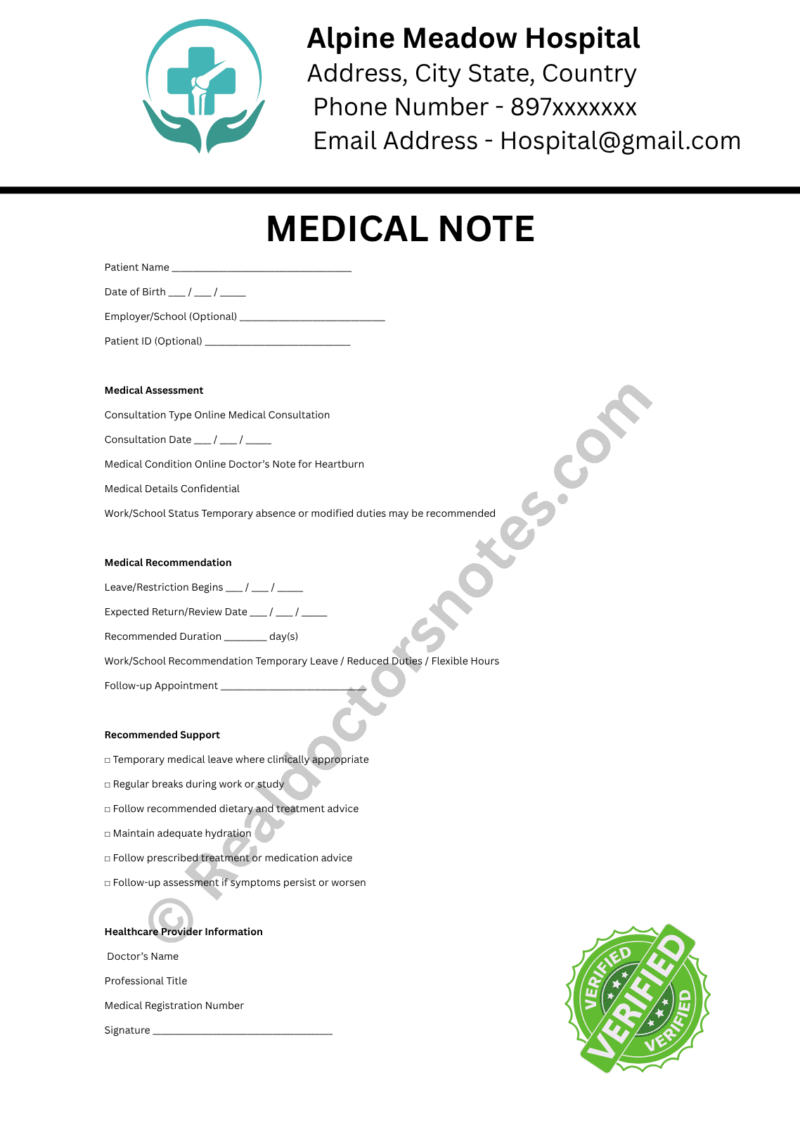 Online MEDICAL NOTE for Heartburn