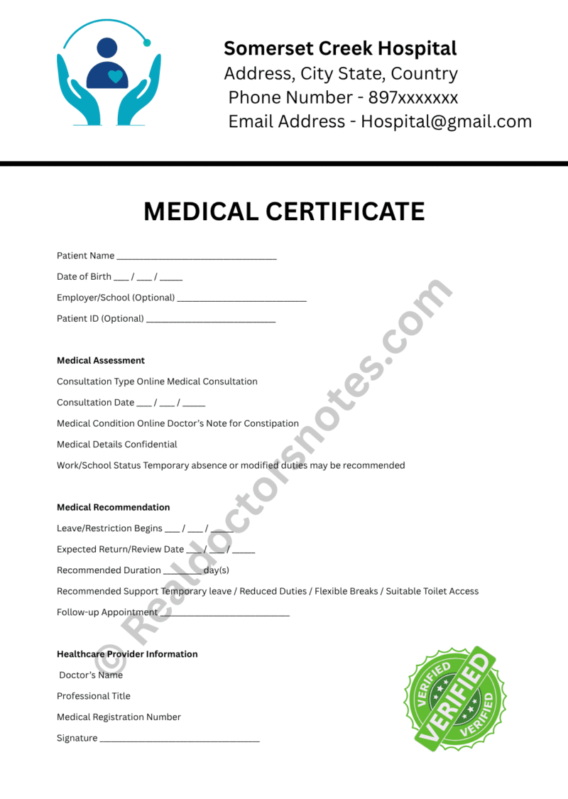 Online MEDICAL certificate for Constipation