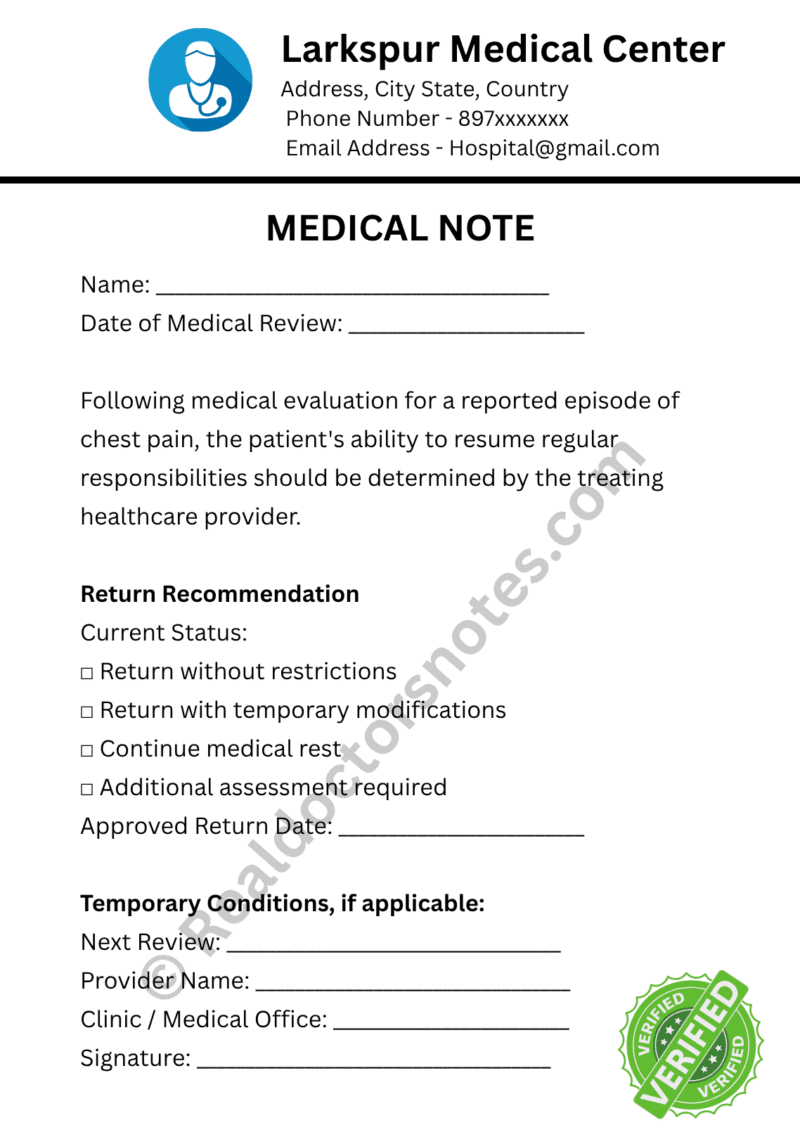 MEDICAL NOTE for Chest Pain