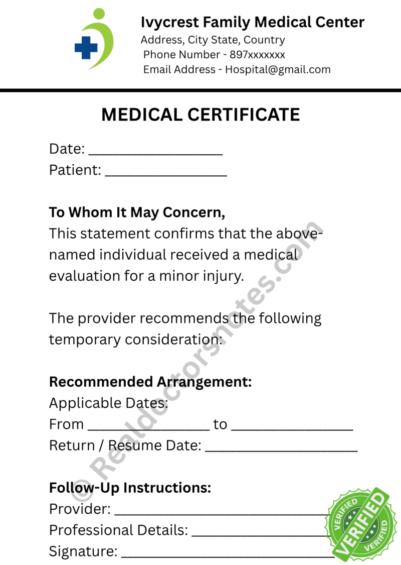 MEDICAL certificate for Minor Injuries MEDICAL certificate for Minor Injuries